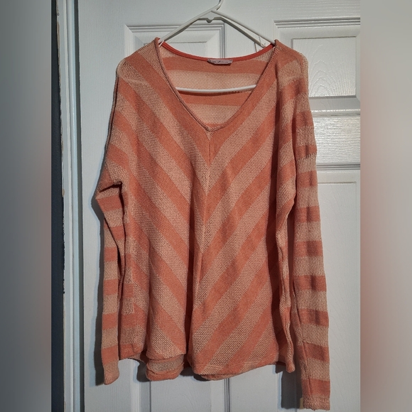 Tops - Striped V-Neck Sweater - Peach and Cream